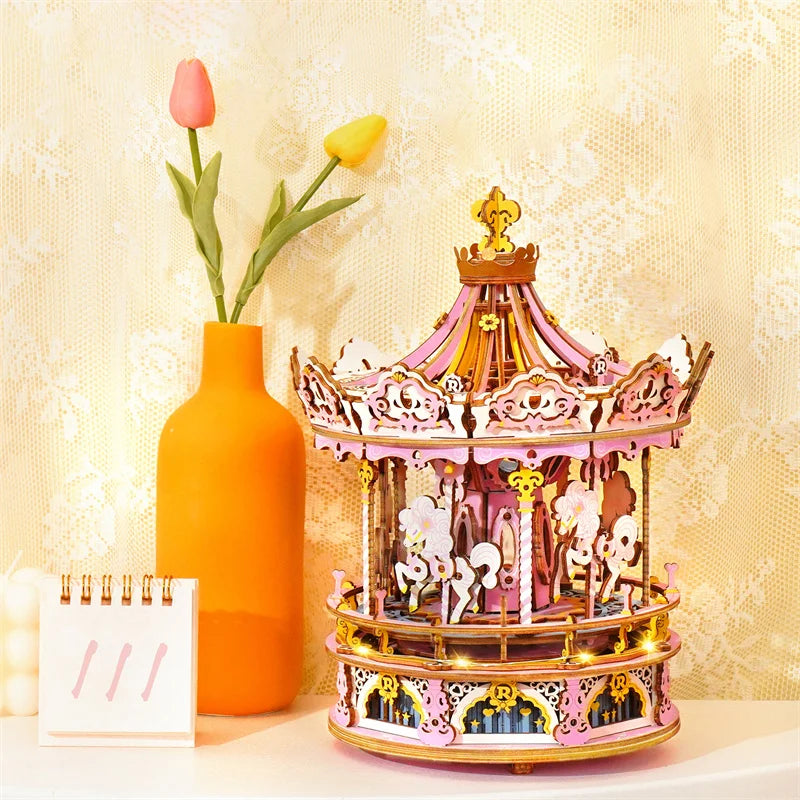Robotime 3D Wooden Puzzle 336pcs Rotatable  Romantic Carousel AMK62 Assembly Carousel