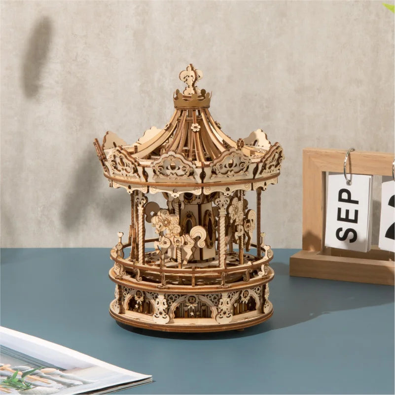 Robotime 3D Wooden Puzzle 336pcs Rotatable  Romantic Carousel AMK62 Assembly Carousel