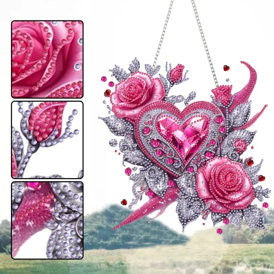 Hearts & Roses 5D Diamond Painting Hanging Pendant, DIY Rose and Heart Diamond Art Kit B