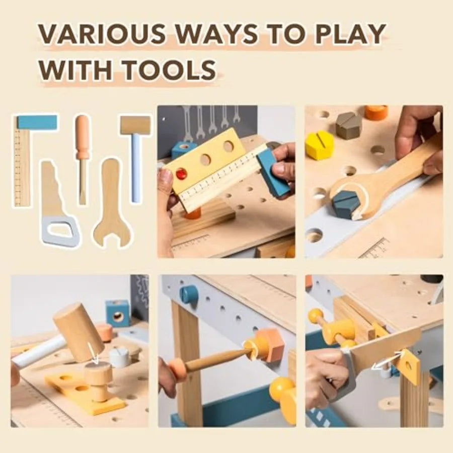 ROBUD Wooden Tool Workbench for Toddlers Toy Tools Set Gift for 3 4 5 6 7 Years Old and Up