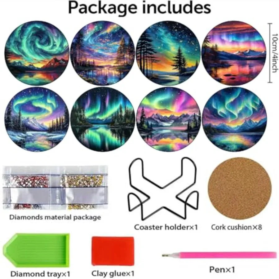 8 Pcs Aurora Diamond Art Coasters Kits with Holder