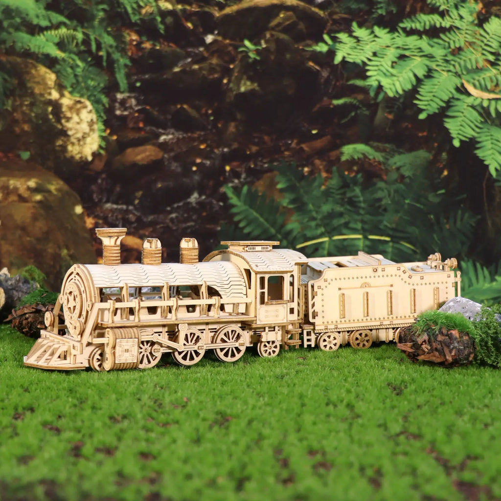 3D Mechanical Wooden Train Model Kit -  Moving Locomotive Puzzle with Gears
