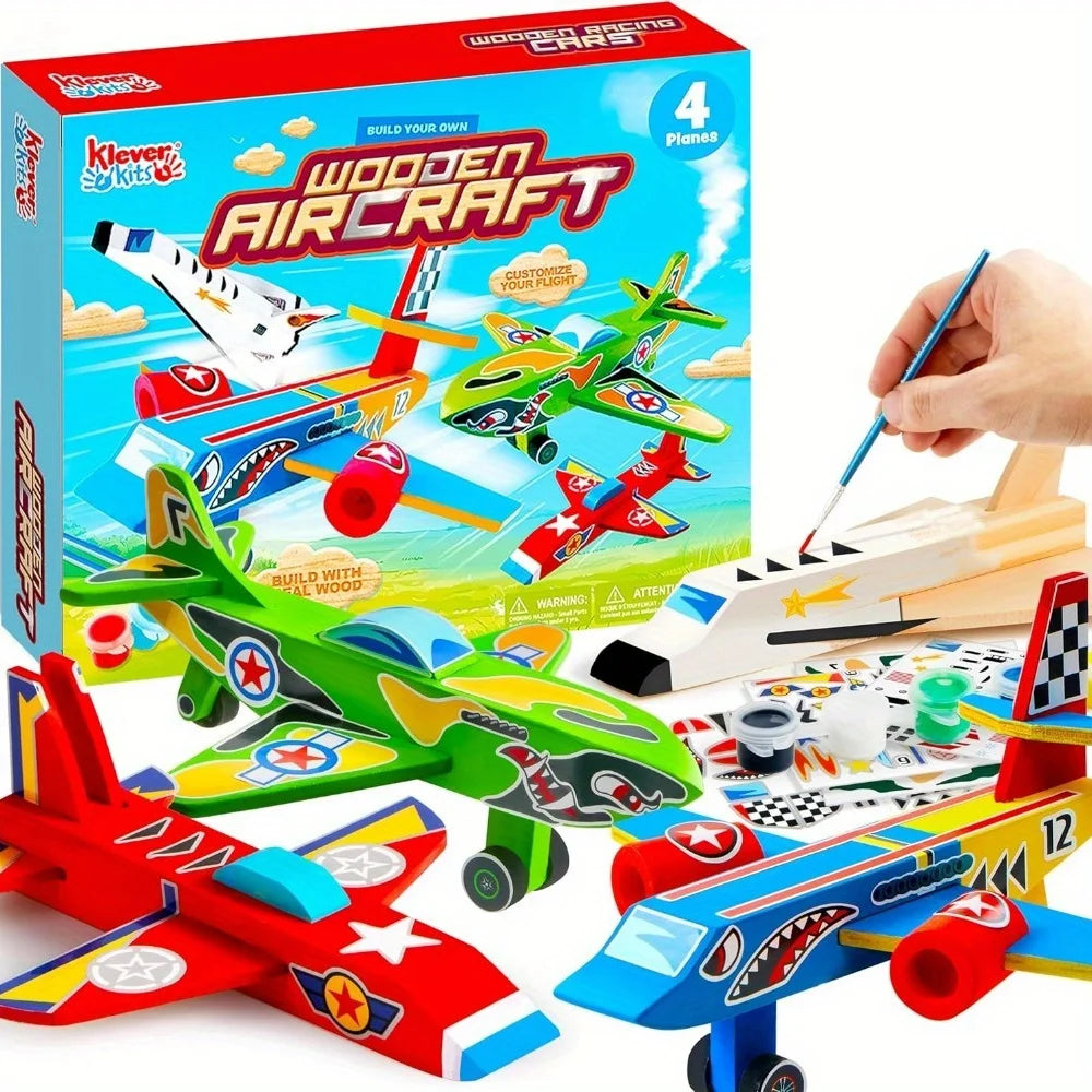 JOYFY 4 Pieces-Build & Paint Your Own Wooden Airplane Craft Kit Easy to Assemble 6-12