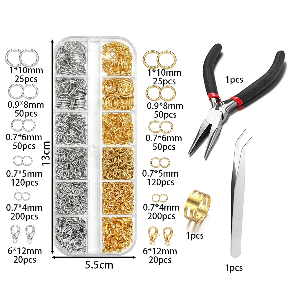 Jewelry Findings Kit: Open Jump Rings, Lobster Clasps. Hooks. Pliers. Tweezers,  Bracelets, and  Necklaces 930pcs/Box