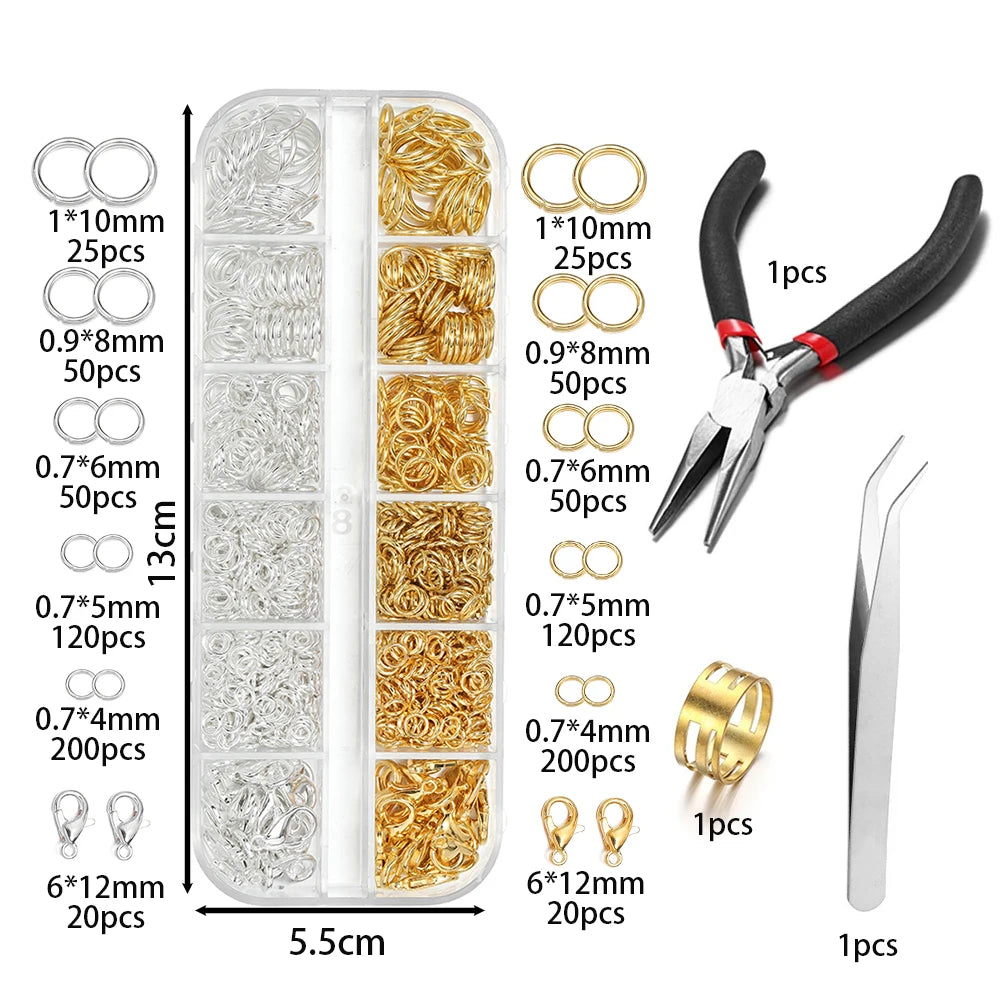 Jewelry Findings Kit: Open Jump Rings, Lobster Clasps. Hooks. Pliers. Tweezers,  Bracelets, and  Necklaces 930pcs/Box