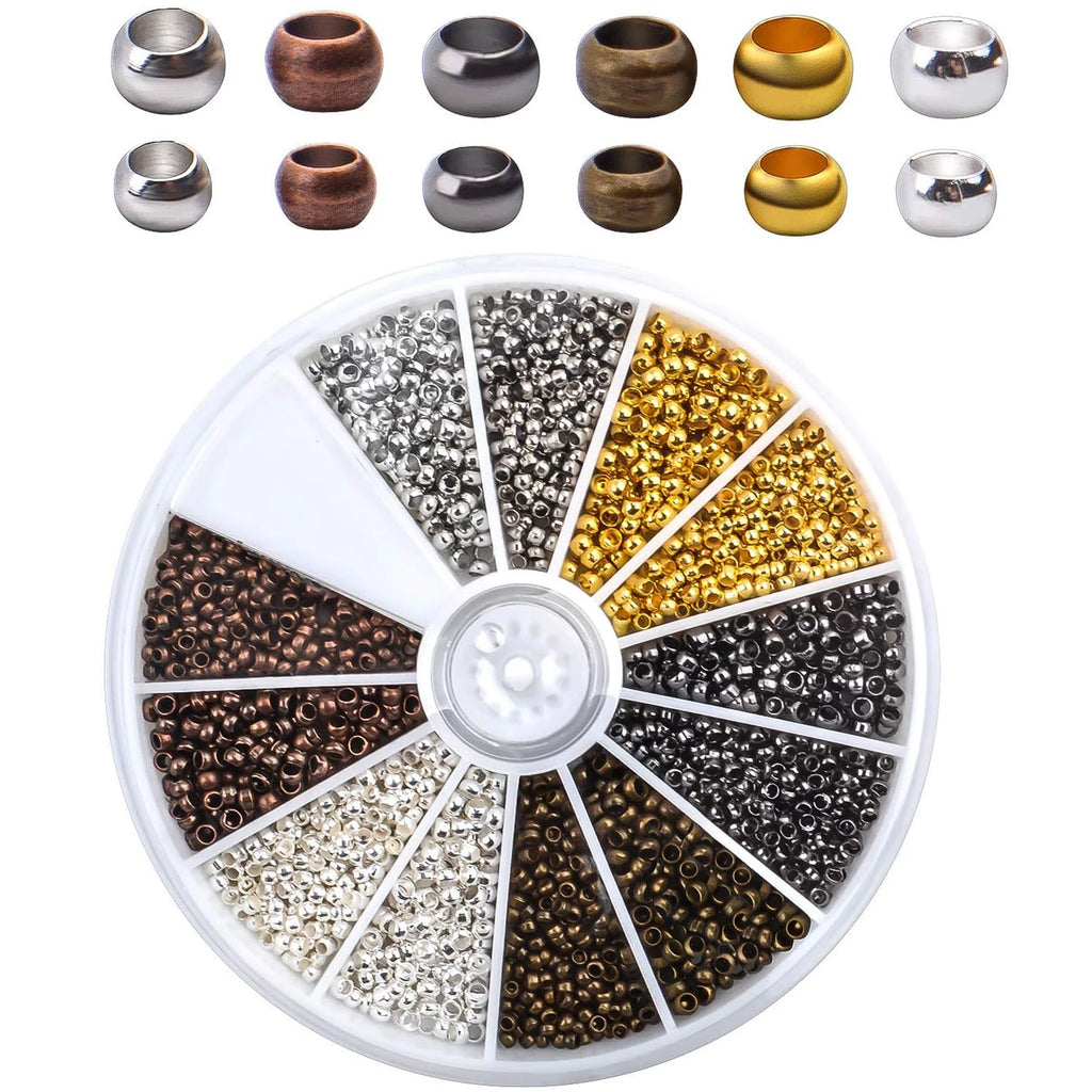2250 Pieces Tube Crimp Beads Jewelry Making Ends Round Loose Spacer Beads Metal Beads for Jewellery Making, 2 Sizes, 6 Colors