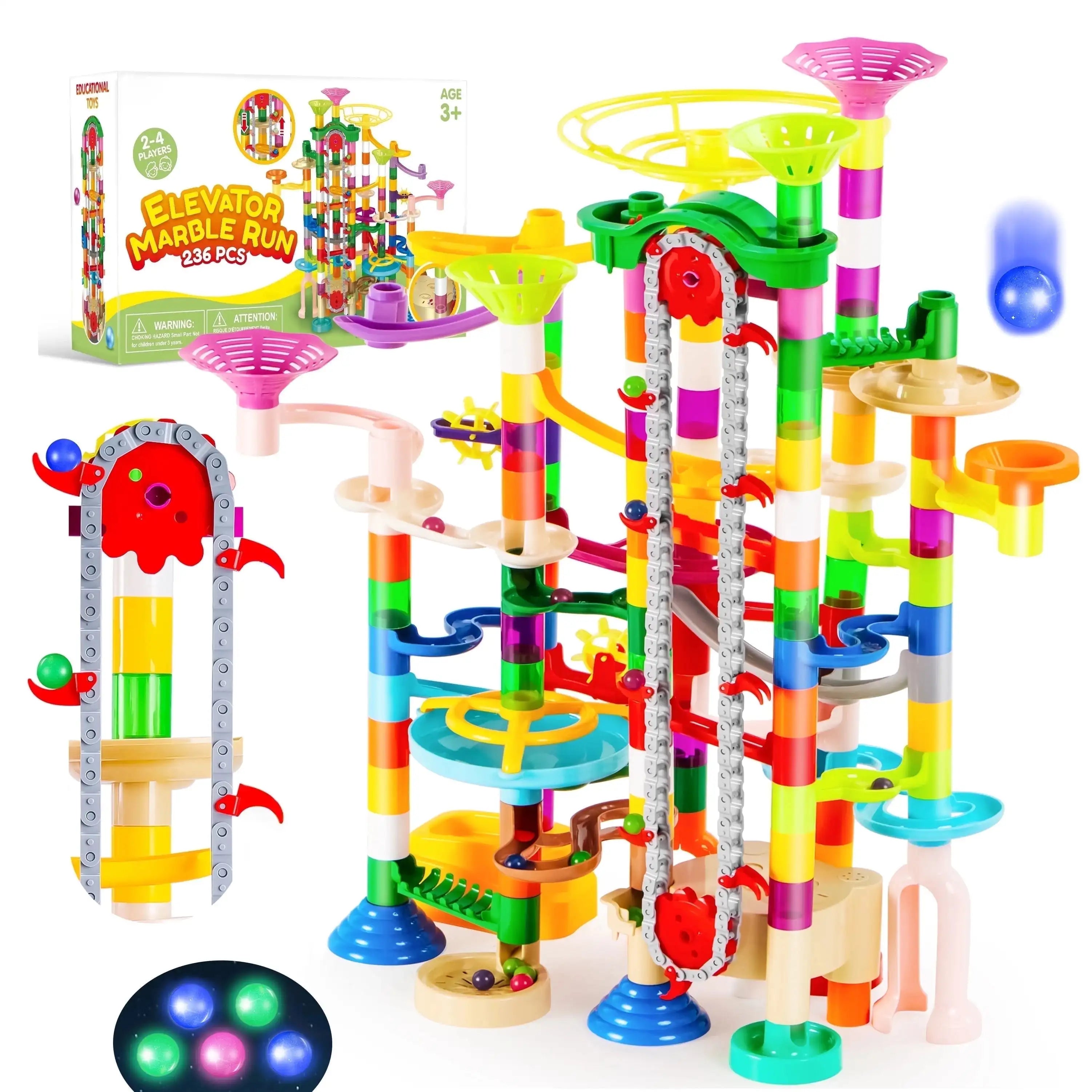 Joyfy Glowing Marble Run with Motorized Elevator Construction Building Blocks STEM Educational Toys Set 236 Pieces  Kid Ages 4-8