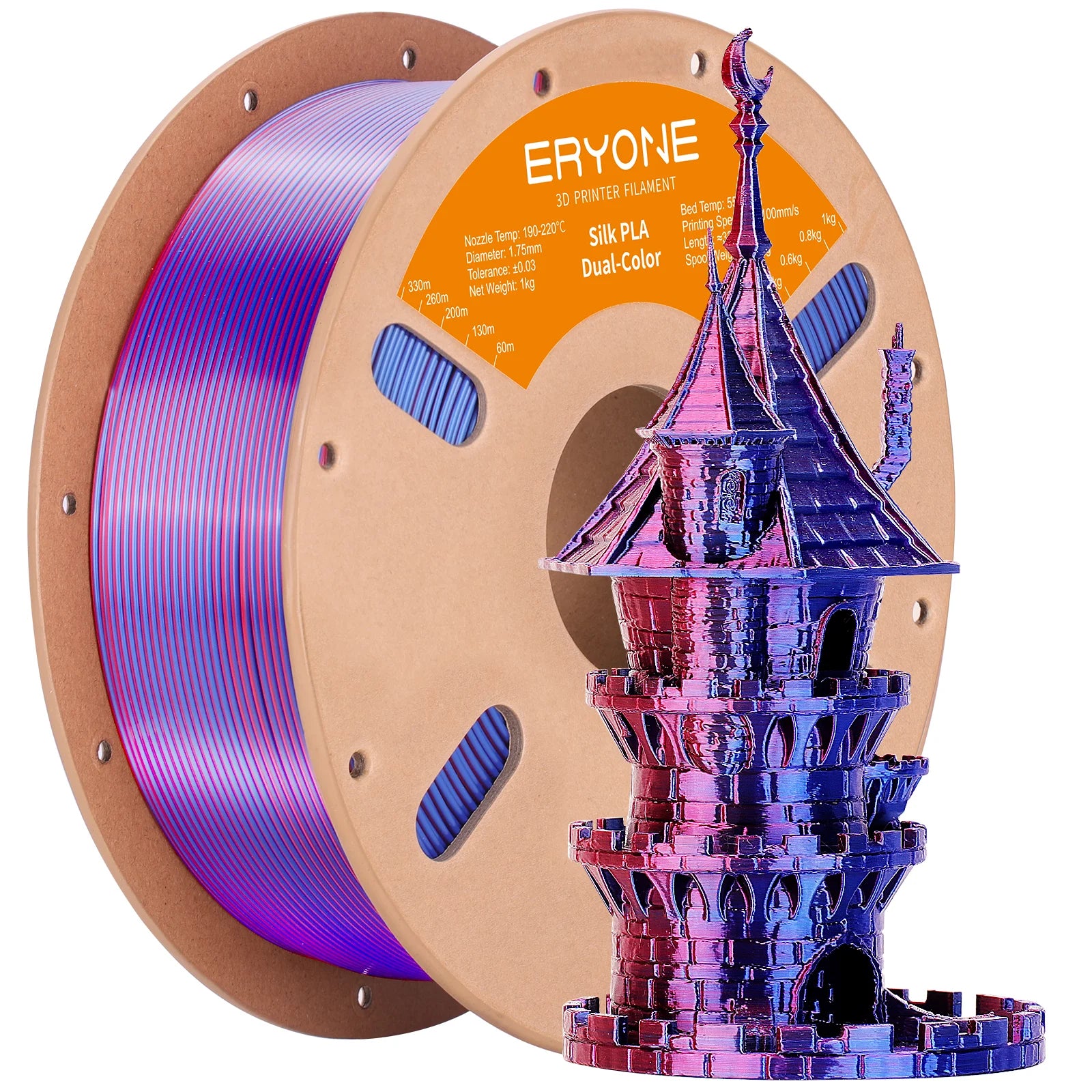 ERYONE 1KG Silk Dual Color PLA Series 3D Printer Filament 1.75mm,Coextrusion Silky Shiny Finish