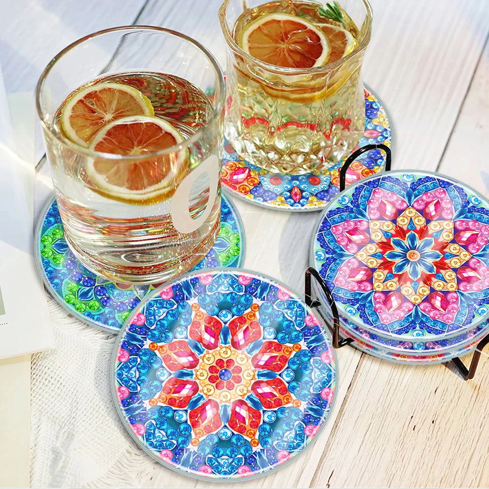 Diamond Painting Art Coaster Kit Mandala Acrylic  Washable with Holder for Adults Beginner 6 Pieces