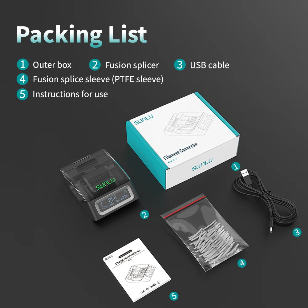 Sunlu Filament Connector FC01 for 1.75mm PLA/ABS/PETG/PA/PC Filament Fast Welding Splicer Simple to Use with 200pcs PTFE Sleeve