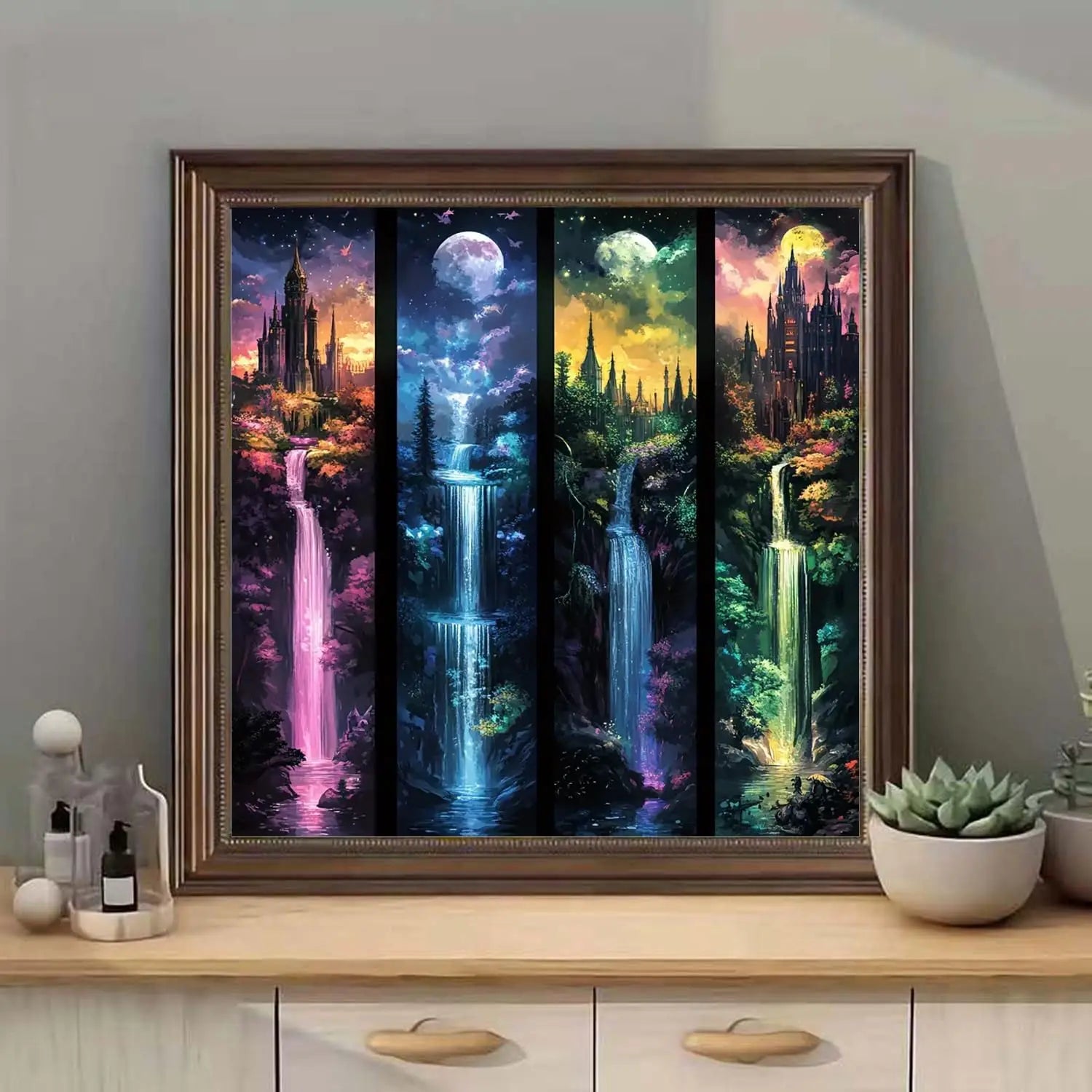 Castle Waterfall Moon Diamond Painting Kit for Adults 13.8x13.8 Inch