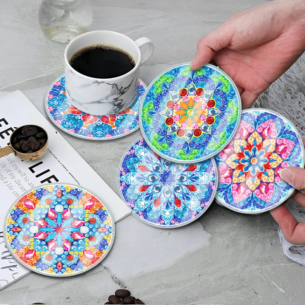 Diamond Painting Art Coaster Kit Mandala Acrylic  Washable with Holder for Adults Beginner 6 Pieces