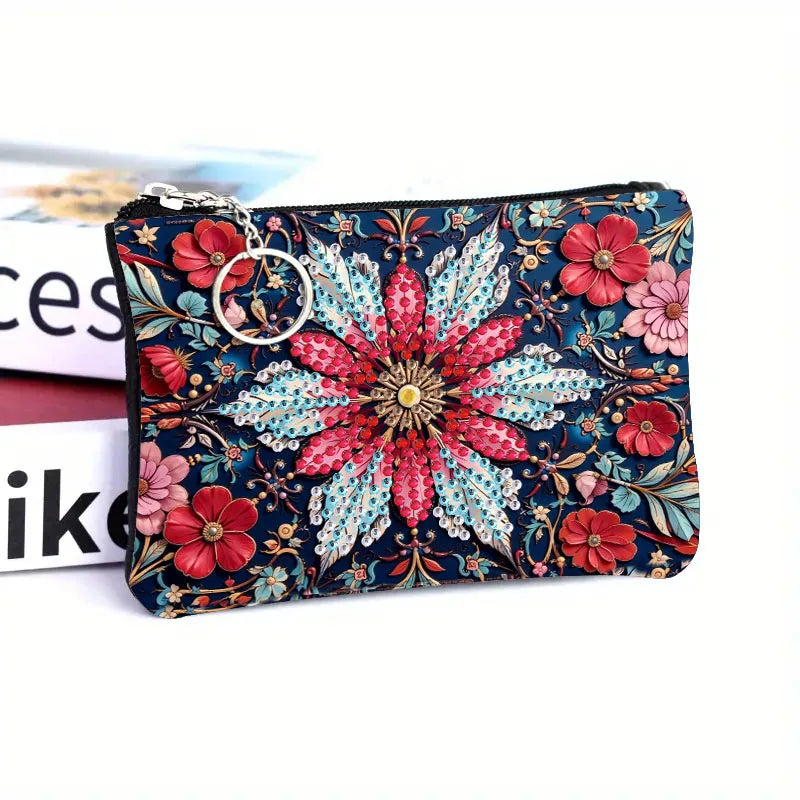 1pc DIY Flowers Diamond Art Coin Pouch with Zipper PU Leather Crystal Rhinestones  for Cash, Daily Use, Travel