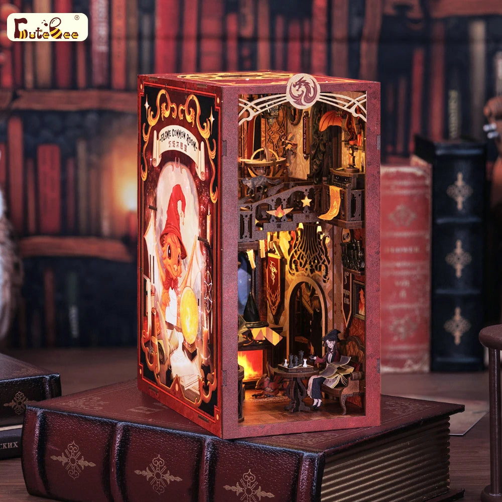CUTEBEE Book Nook Doll House 3D Puzzle With Touch Light Dust Cover Magic  Bookshelf Insert  Flame Common Room