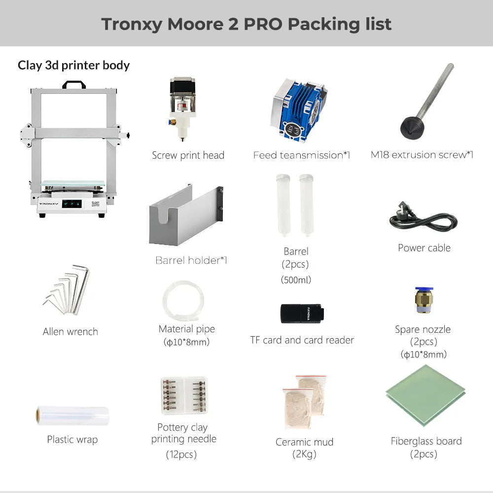 MOORE 2 Pro Ceramic & Clay 3D Printer 255x255x260mm Build Size 3.5-Inch Touch Screen C Feeding System Electric Putter