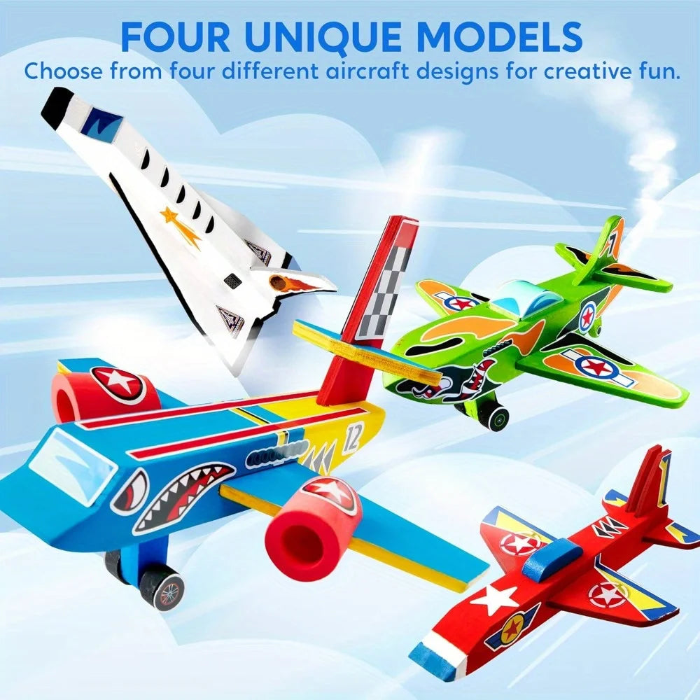 JOYFY 4 Pieces-Build & Paint Your Own Wooden Airplane Craft Kit Easy to Assemble 6-12