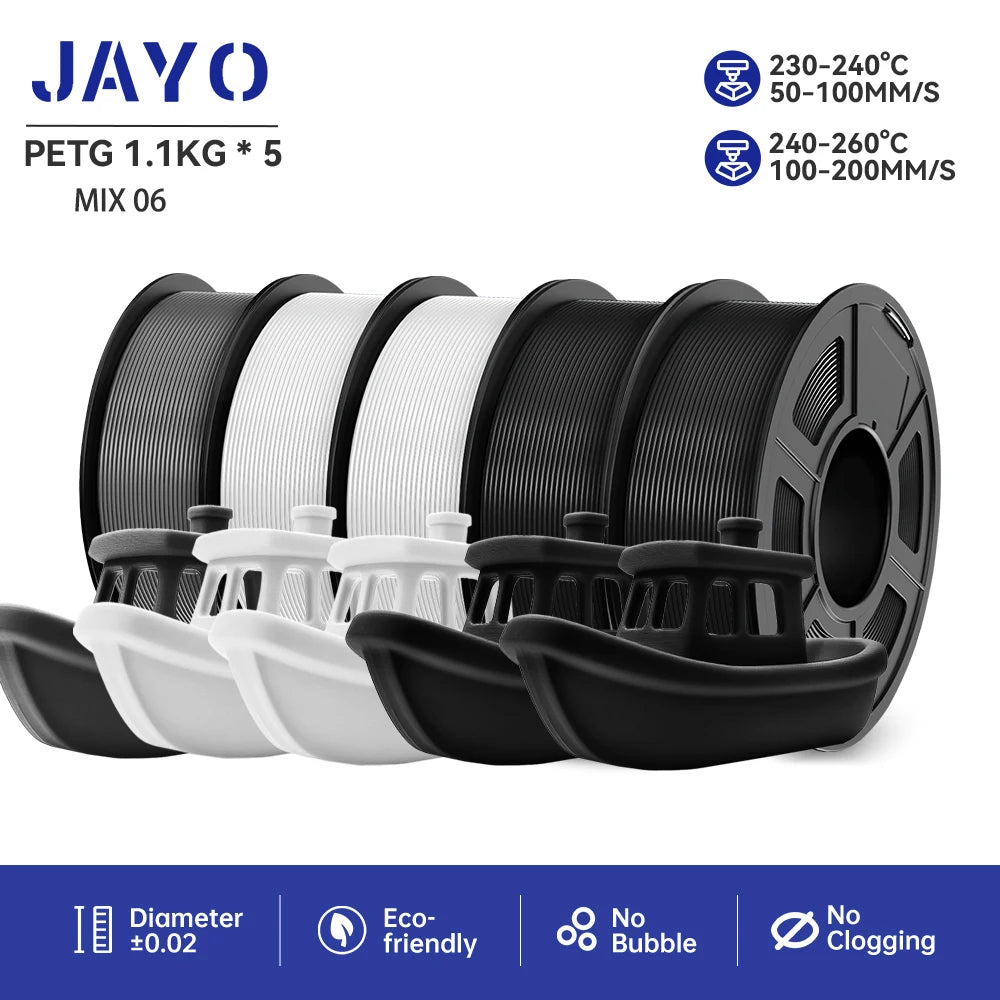 JAYO 5Rolls PLA/PLA Plus/Petg/ABS/TPU/PLA Metal/PLAYG/HS-PLA 3D Printer Filament 1.75mm FDM