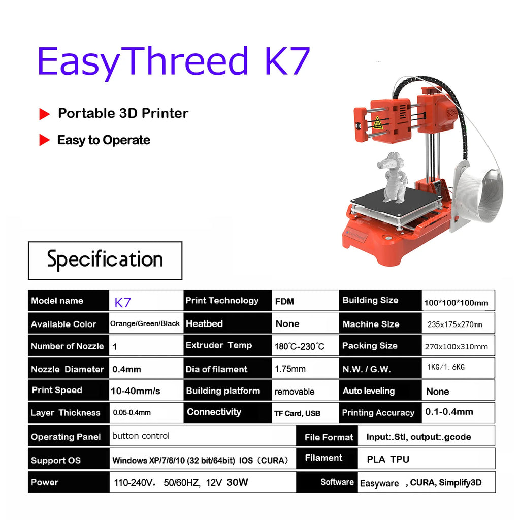 Easy Thread K7 Portable Mini Desktop 3D Printer Model Making Entry Level Printer for Beginners & Kids