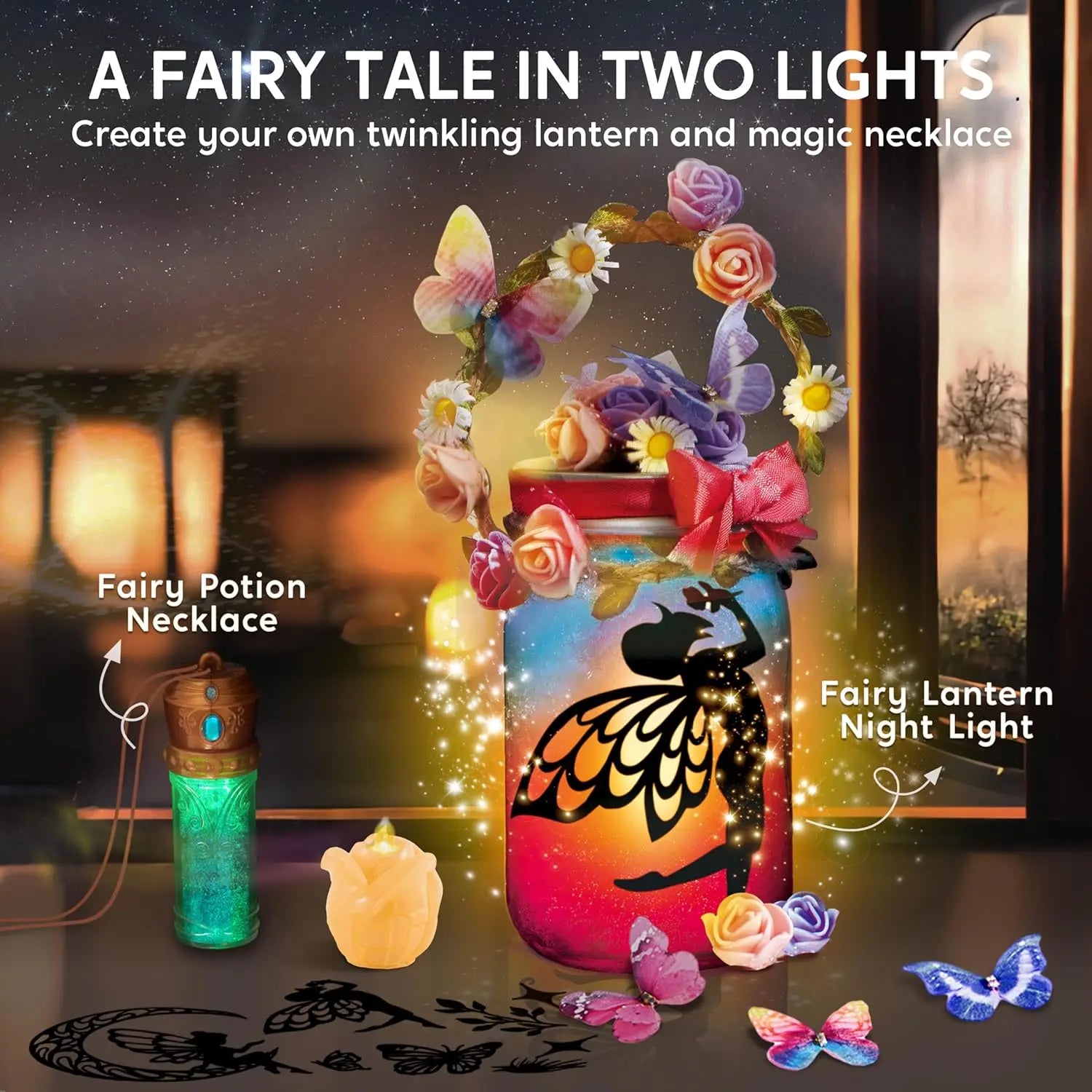 Fairy Lantern Craft Kit with Rose Lights and String Lights for Age 8+ with 7 Color Fairy Potion Necklace