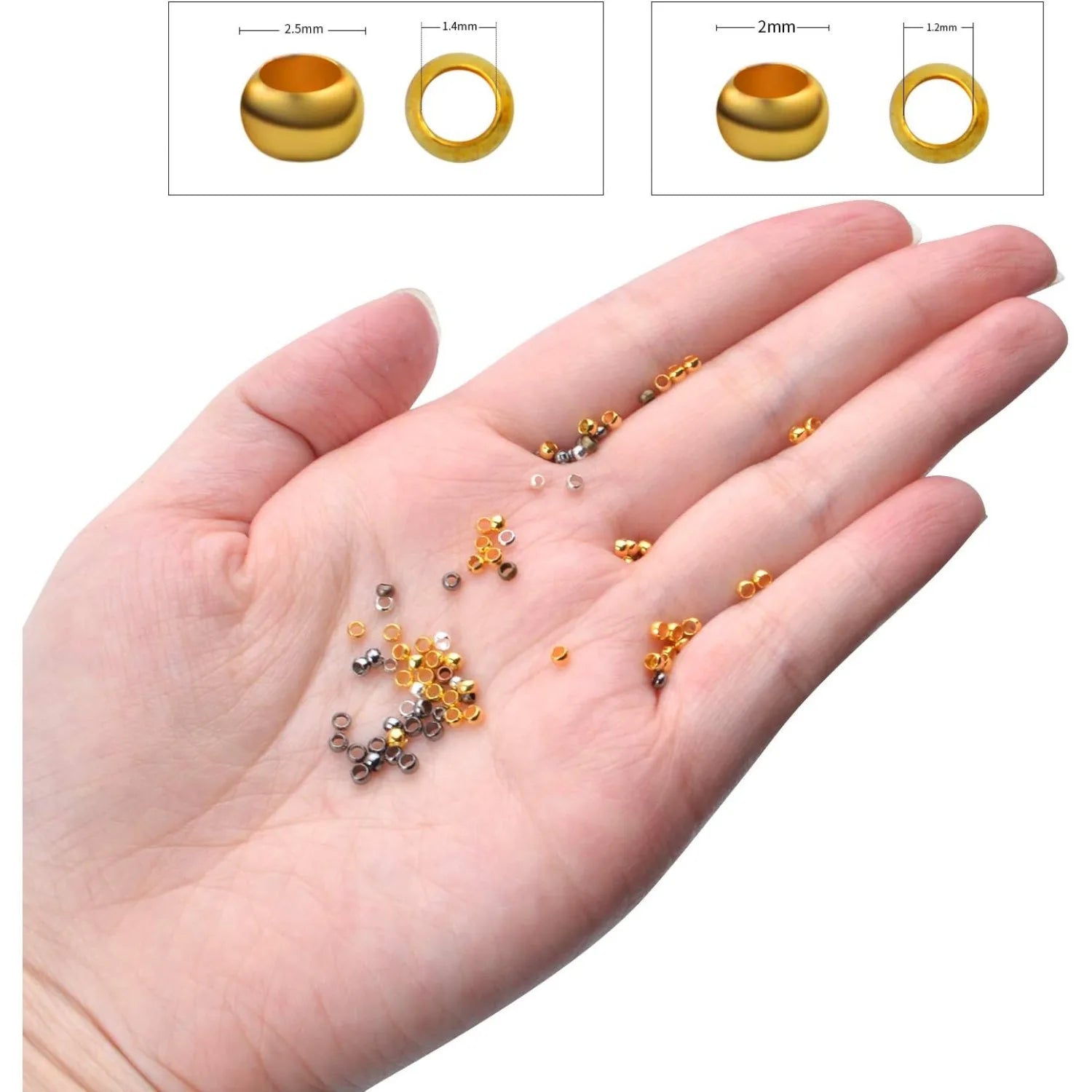 2250 Pieces Tube Crimp Beads Jewelry Making Ends Round Loose Spacer Beads Metal Beads for Jewellery Making, 2 Sizes, 6 Colors