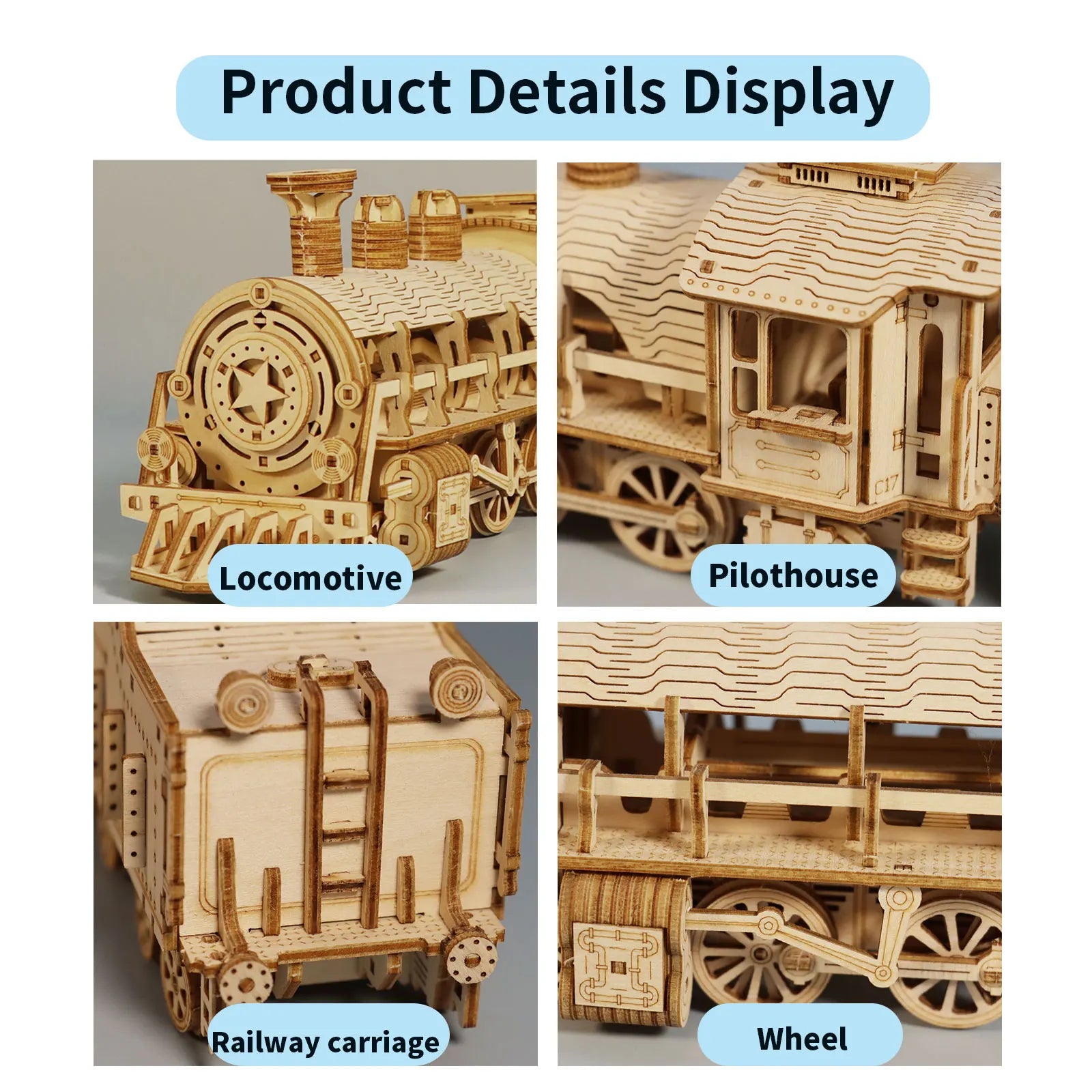 3D Mechanical Wooden Train Model Kit -  Moving Locomotive Puzzle with Gears
