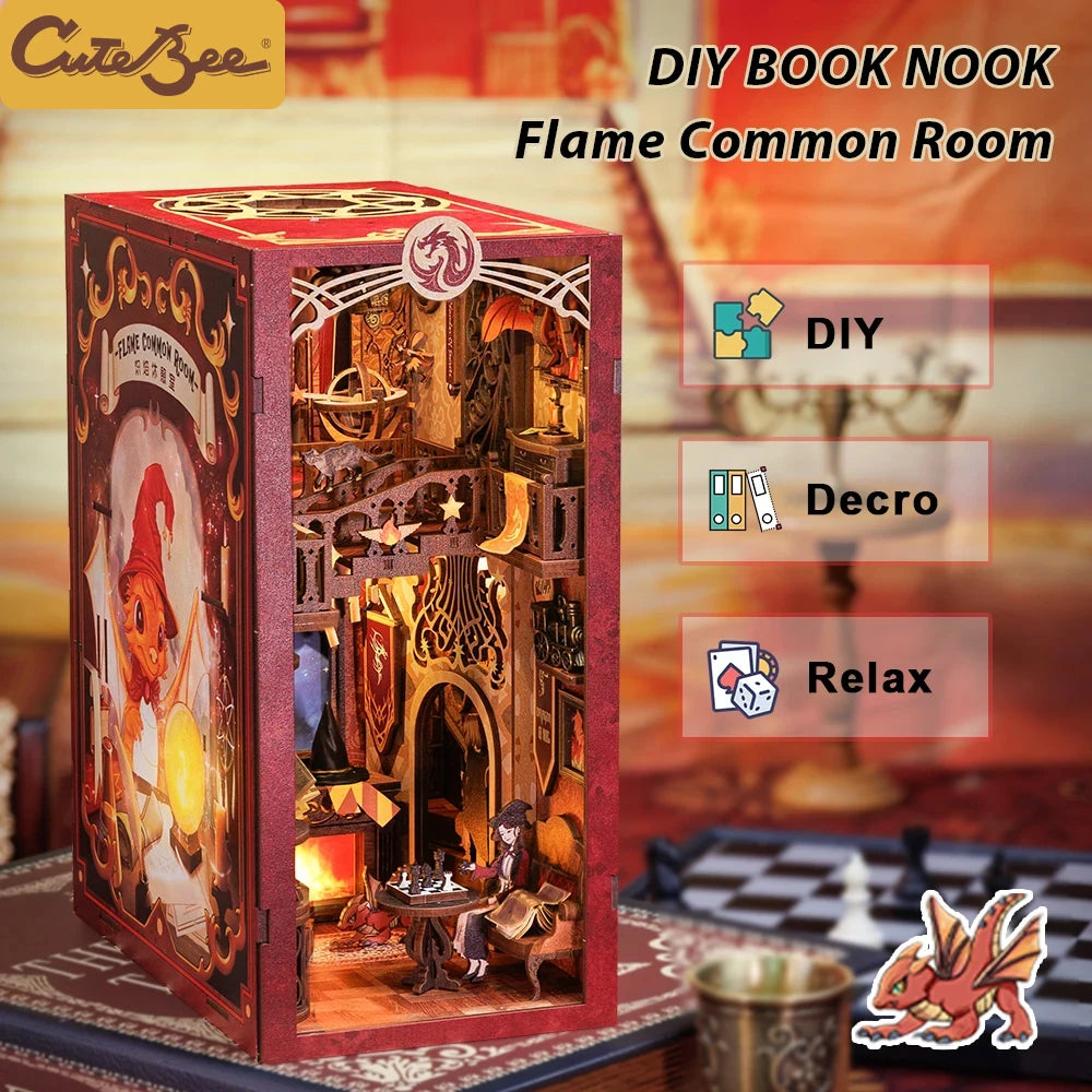 CUTEBEE Book Nook Doll House 3D Puzzle With Touch Light Dust Cover Magic  Bookshelf Insert  Flame Common Room