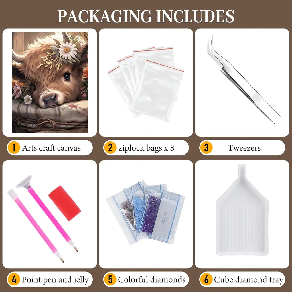 Highland Cow Diamond Painting Kit 5D Round Gem Art with Canvas and Tools, 12x16 Inch