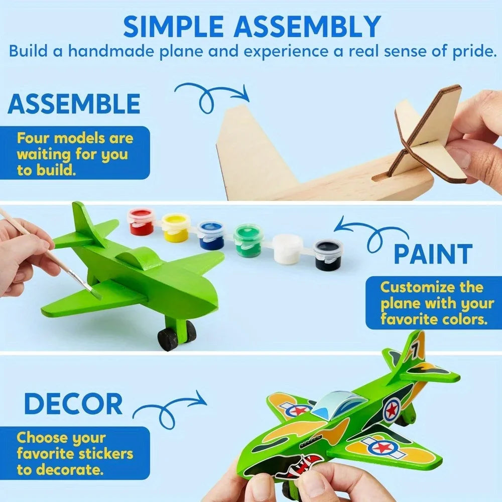 JOYFY 4 Pieces-Build & Paint Your Own Wooden Airplane Craft Kit Easy to Assemble 6-12