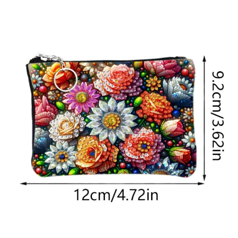 1pc DIY Flowers Diamond Art Coin Pouch with Zipper PU Leather Crystal Rhinestones  for Cash, Daily Use, Travel