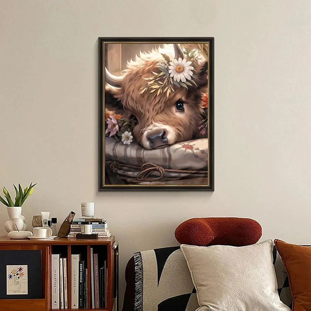 Highland Cow Diamond Painting Kit 5D Round Gem Art with Canvas and Tools, 12x16 Inch