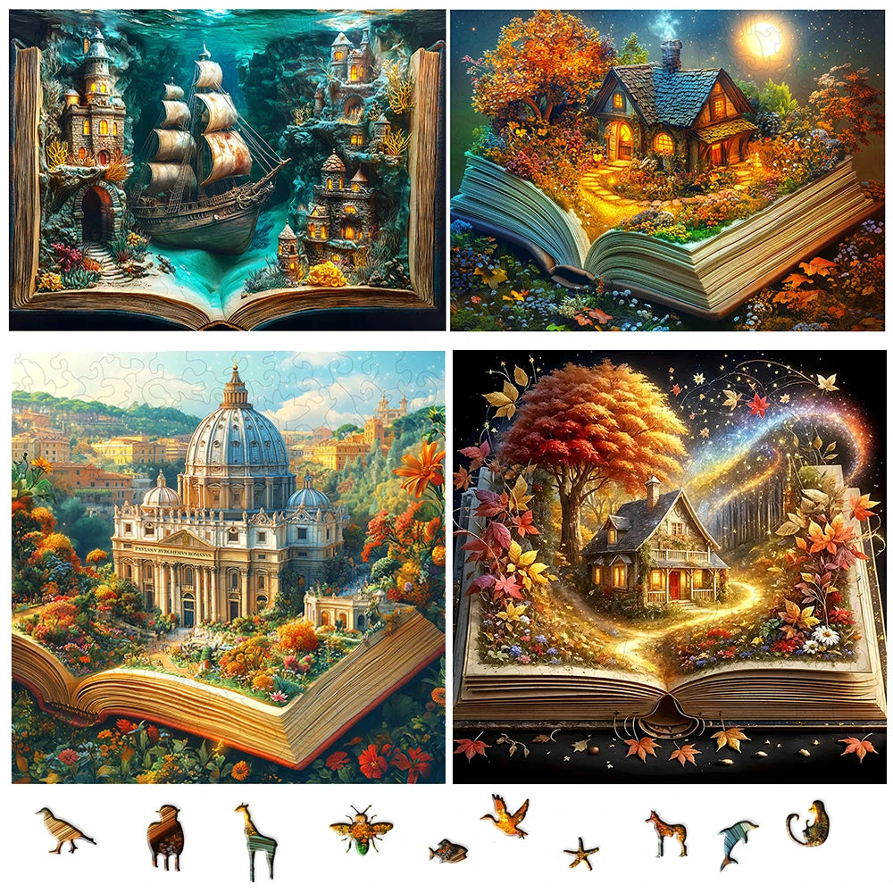 3D Stereo Book Scene Wooden Puzzle - Montessori Toy , Animal-Themed, for Adults & Kids