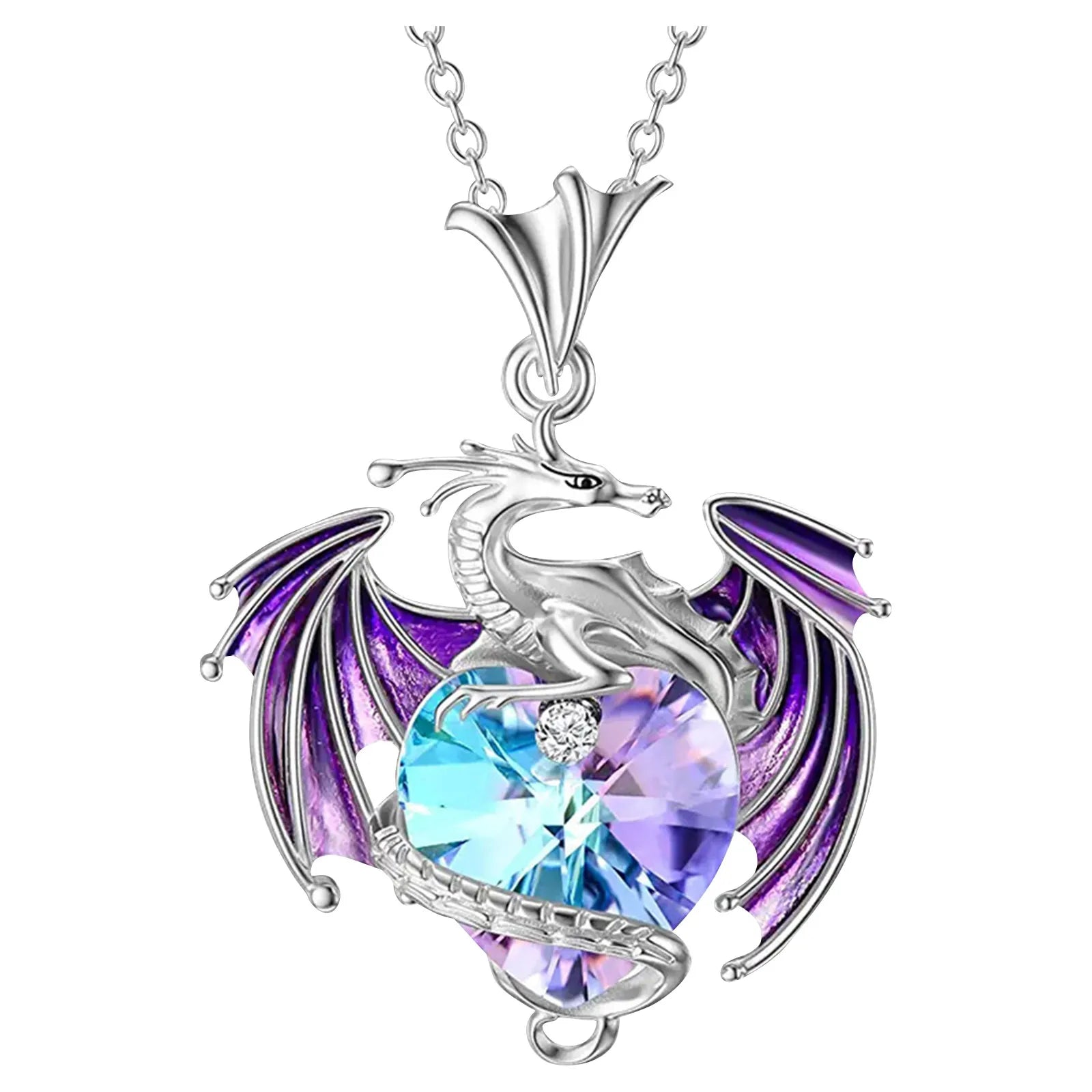 Multi-Color Alloy Crystal  Flying Silver Dragon Heart Rhinestone Design Necklace