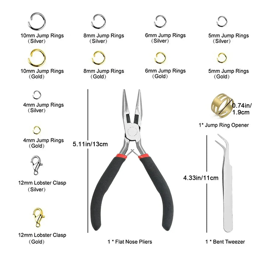 Gold Silver Open Jump Ring and Lobster Clasp Jewelry Accessory Set with 0.1mm 0.2mm 0.3mm 0.4mm 0.5mm 0.6mm 0.7mm 0.8mm 1mm 1.2mm 1.5mm 1.8mm 2.0mm 2.5mm 3.0mm, Pliers About 1200 Pieces