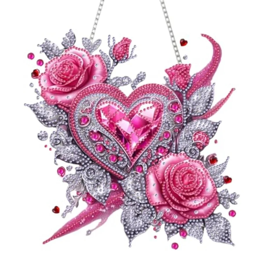 Hearts & Roses 5D Diamond Painting Hanging Pendant, DIY Rose and Heart Diamond Art Kit B
