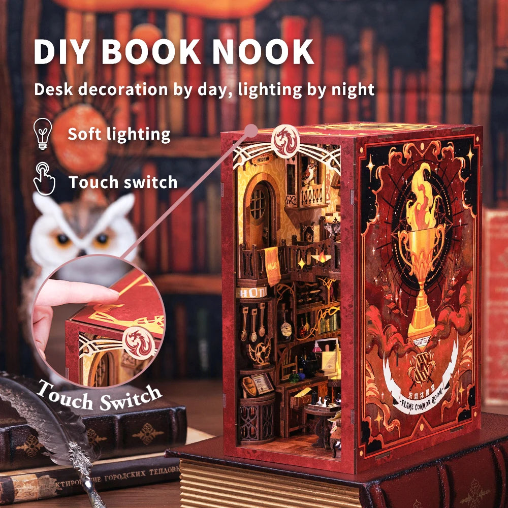 CUTEBEE Book Nook Doll House 3D Puzzle With Touch Light Dust Cover Magic  Bookshelf Insert  Flame Common Room