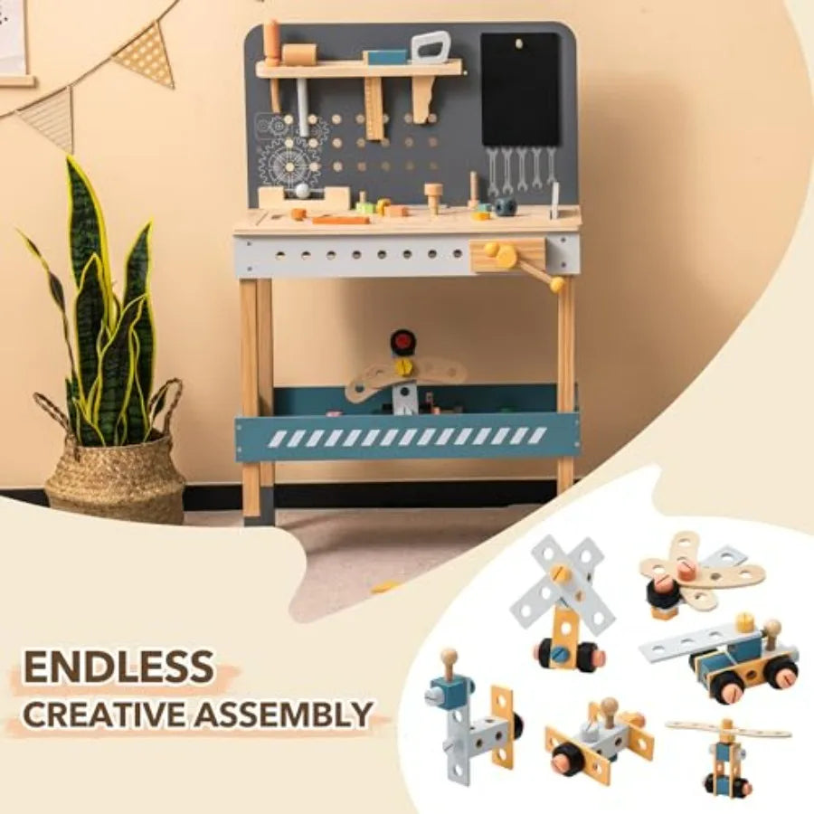ROBUD Wooden Tool Workbench for Toddlers Toy Tools Set Gift for 3 4 5 6 7 Years Old and Up