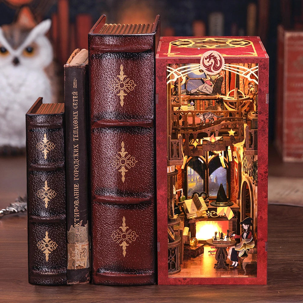 CUTEBEE Book Nook Doll House 3D Puzzle With Touch Light Dust Cover Magic  Bookshelf Insert  Flame Common Room