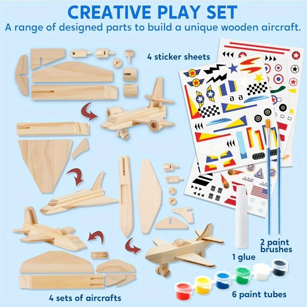 JOYFY 4 Pieces-Build & Paint Your Own Wooden Airplane Craft Kit Easy to Assemble 6-12