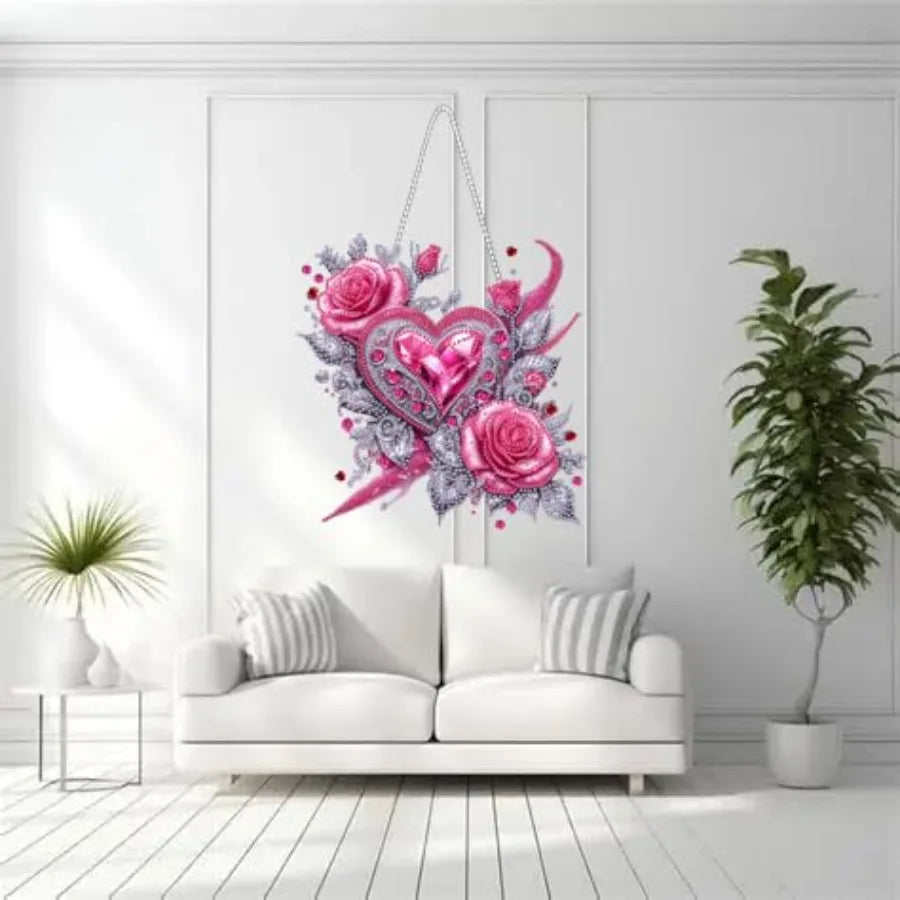 Hearts & Roses 5D Diamond Painting Hanging Pendant, DIY Rose and Heart Diamond Art Kit B