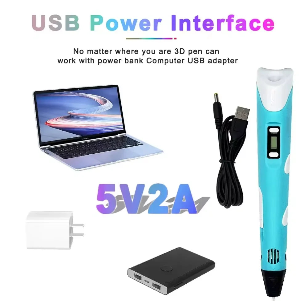 Electronic 3D Printing Pen with 9M PLA Consumables High-Temperature 3D Graffiti Tool Intelligent Toy