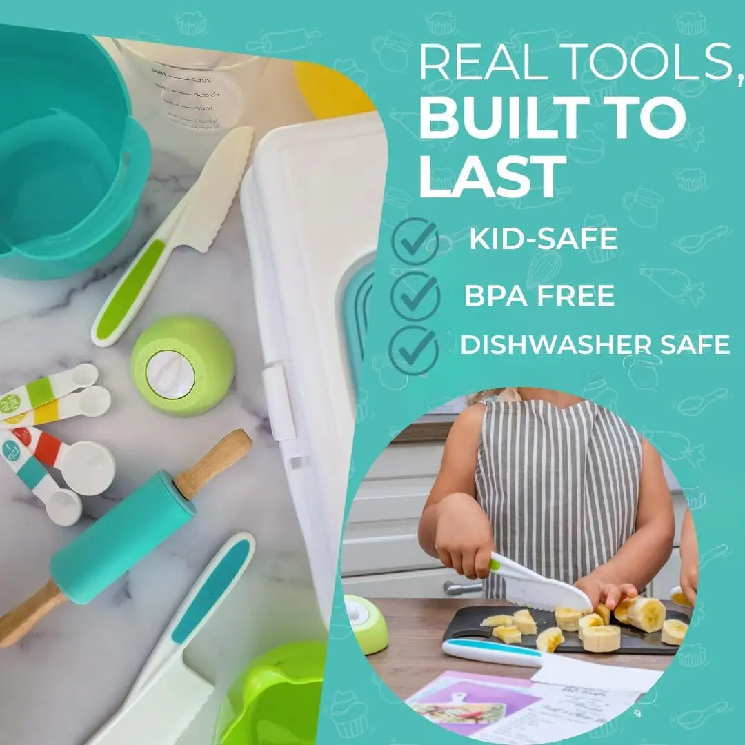 Kids Cooking & Baking Set with Safe Tools, Apron, Cookbook & Storage