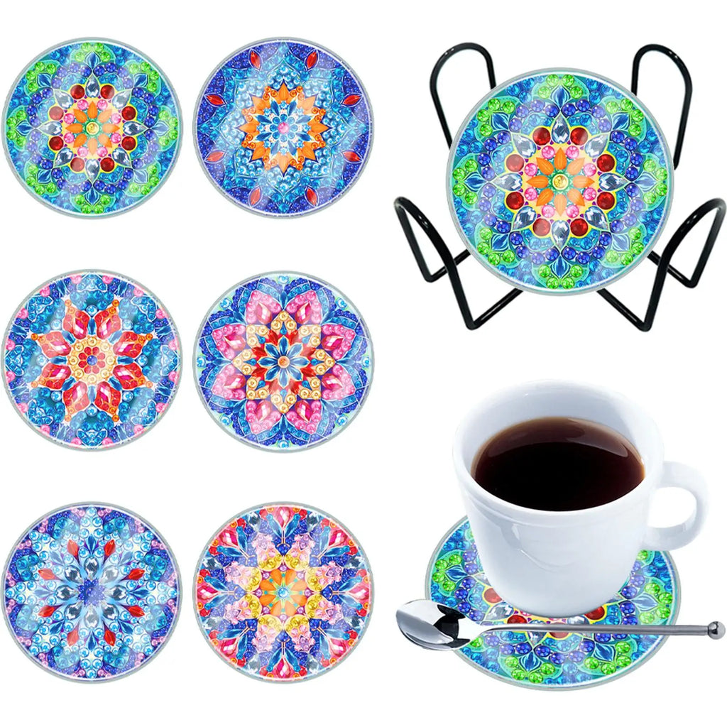 Diamond Painting Art Coaster Kit Mandala Acrylic  Washable with Holder for Adults Beginner 6 Pieces