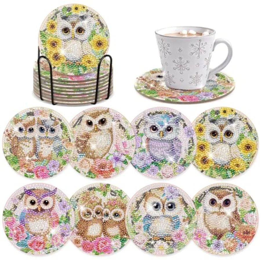 Blue Flower Diamond Art Coasters - 8 Pcs Kit with Cork Base, Holder