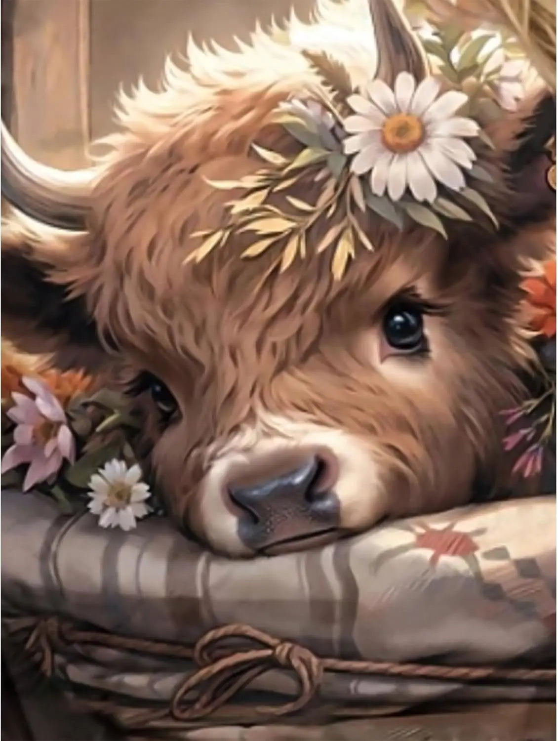 Highland Cow Diamond Painting Kit 5D Round Gem Art with Canvas and Tools, 12x16 Inch