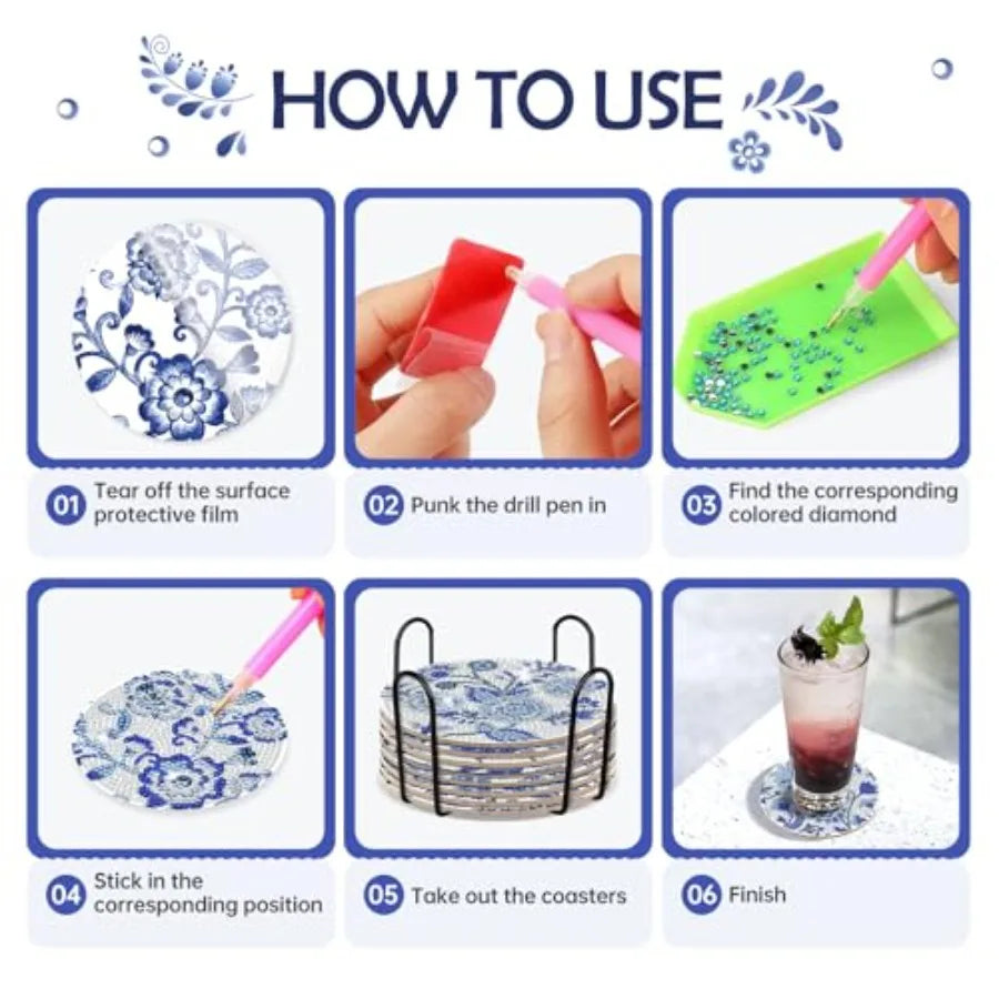 Blue Flower Diamond Art Coasters - 8 Pcs Kit with Cork Base, Holder