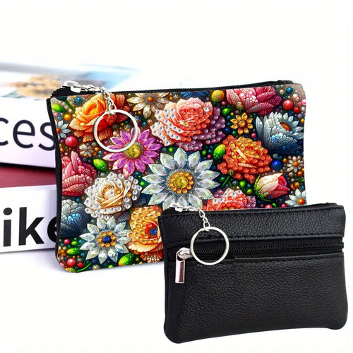 1pc DIY Flowers Diamond Art Coin Pouch with Zipper PU Leather Crystal Rhinestones  for Cash, Daily Use, Travel