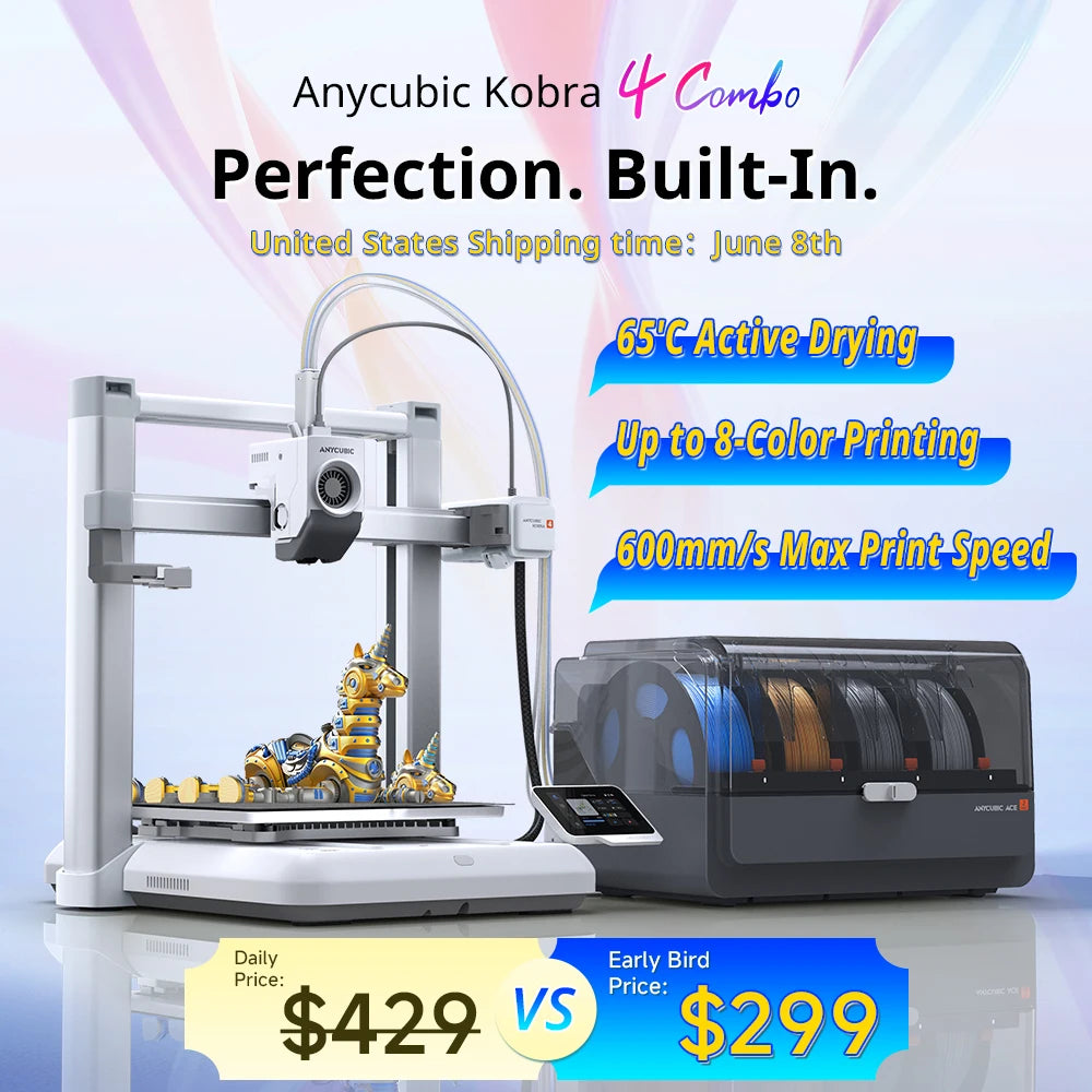 ANYCUBIC Kobra 4 Combo 600mm/s Fast Printing 3D Printer Up to 8 Colors ACE 2 Pro Filament Drying APP Control FDM 3D Printer