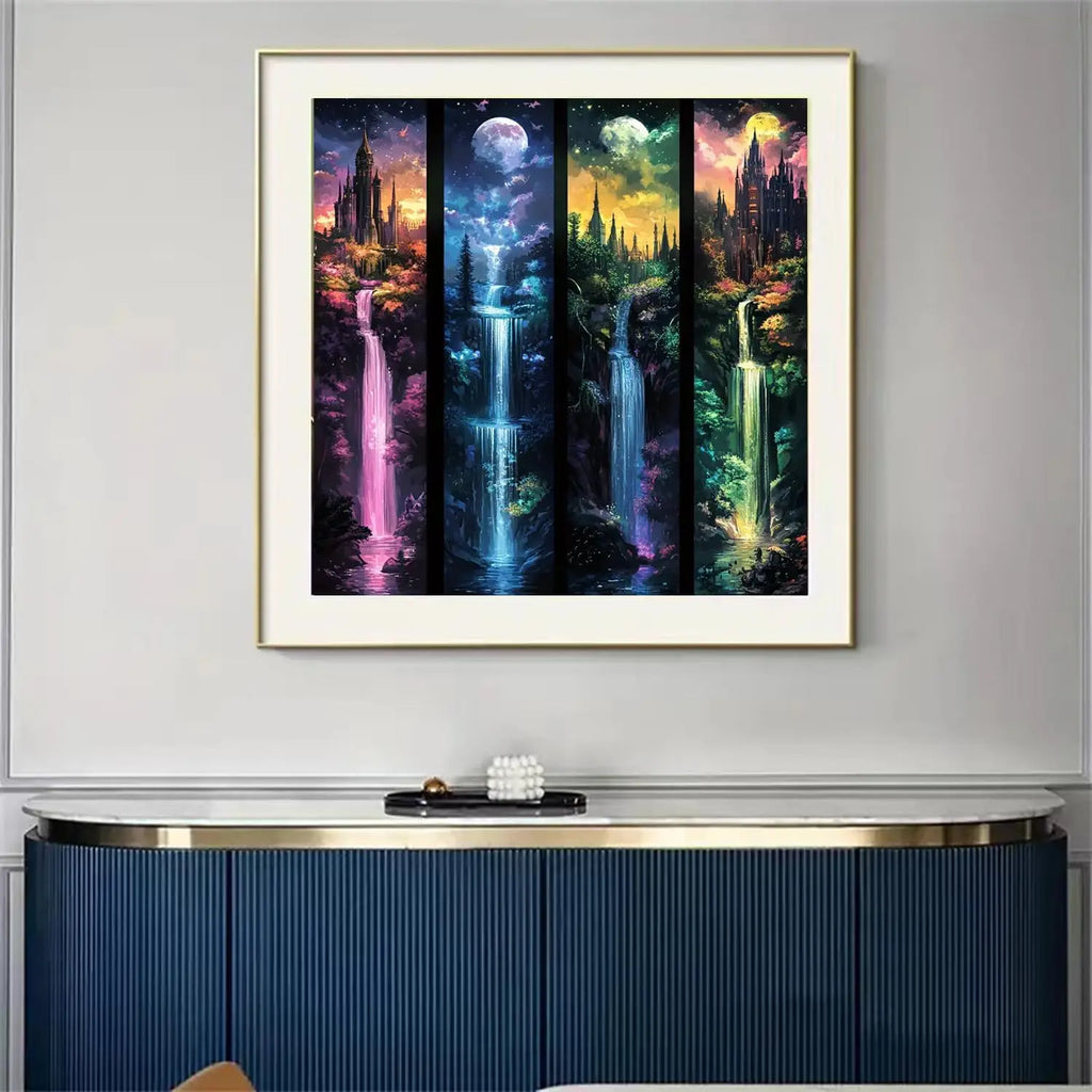 Castle Waterfall Moon Diamond Painting Kit for Adults 13.8x13.8 Inch