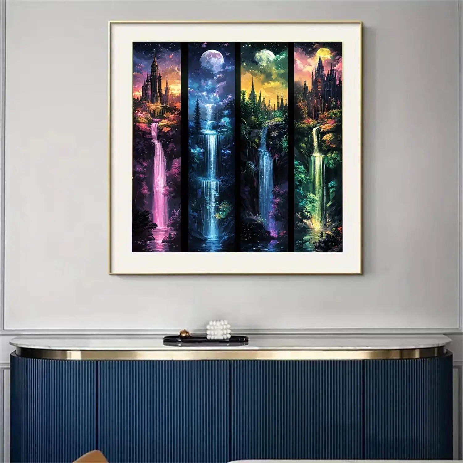 Castle Waterfall Moon Diamond Painting Kit for Adults 13.8x13.8 Inch