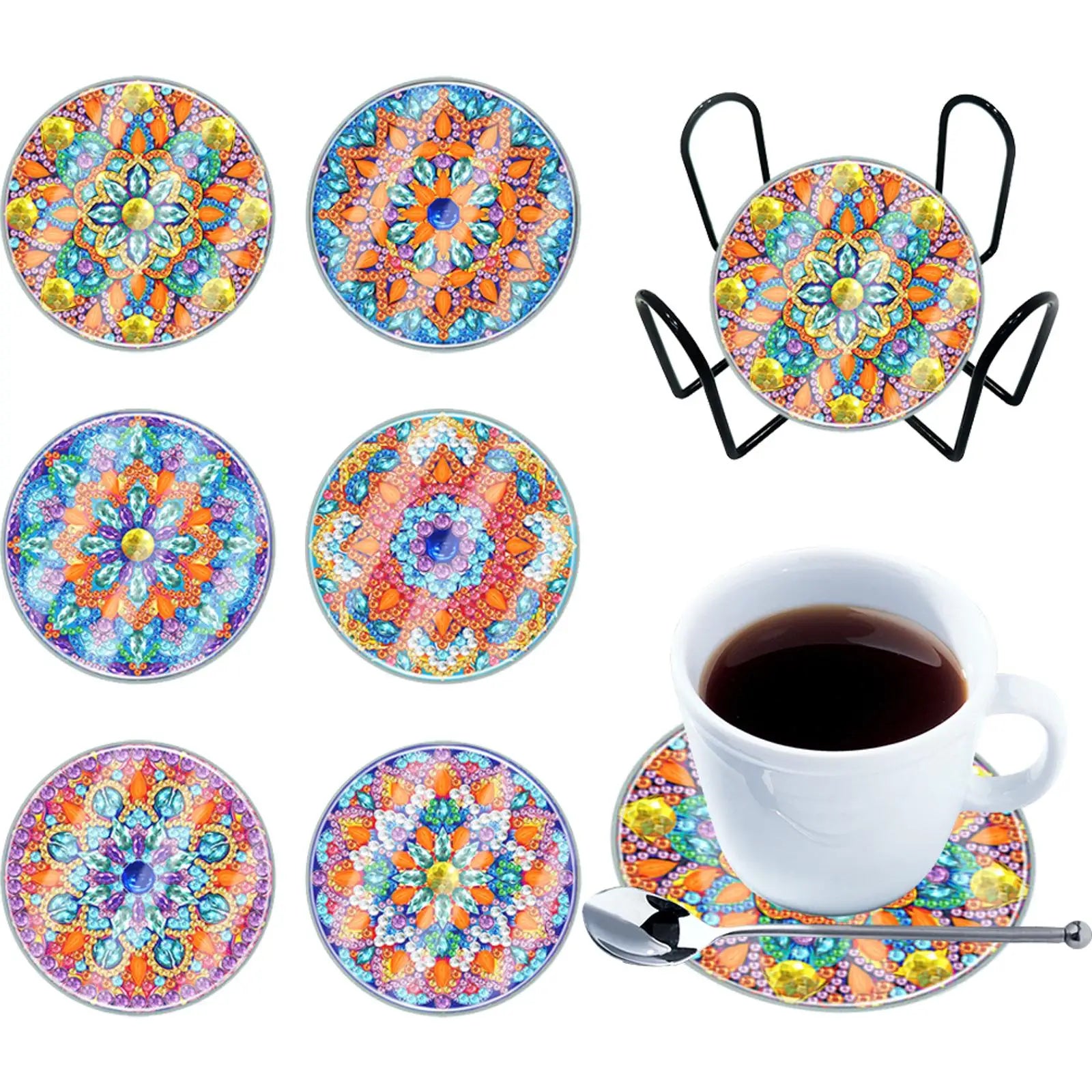 6pcs Diamond Dot Art Coasters  Mandala DIY Coaster Set Modern Waterproof for Adults and Beginners